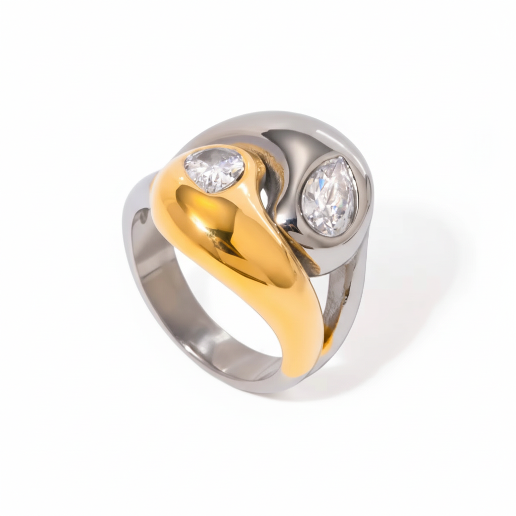 Anillo Bicolor Dorado y Plateado con Cristales Gota