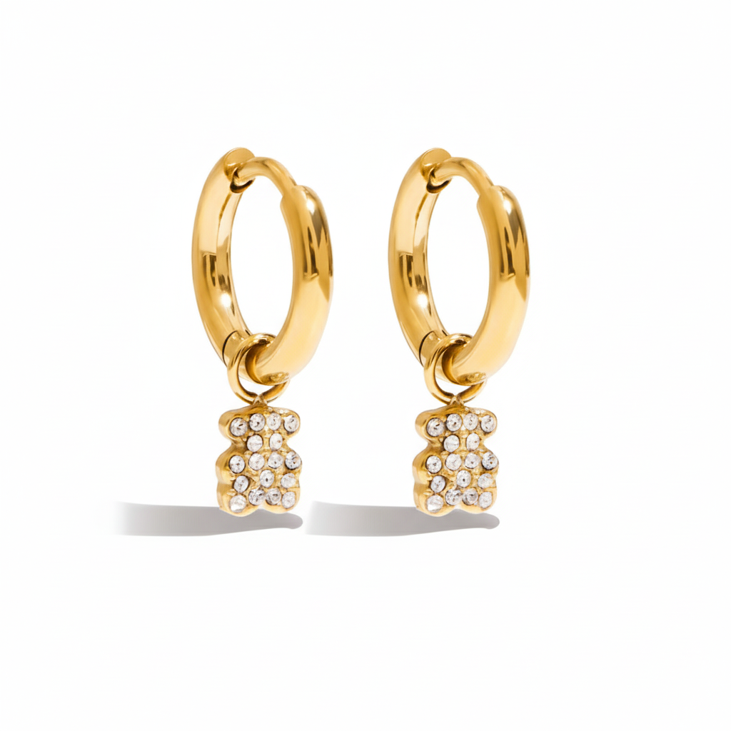 Aretes Dorados con Dije de Osito con Zirconia