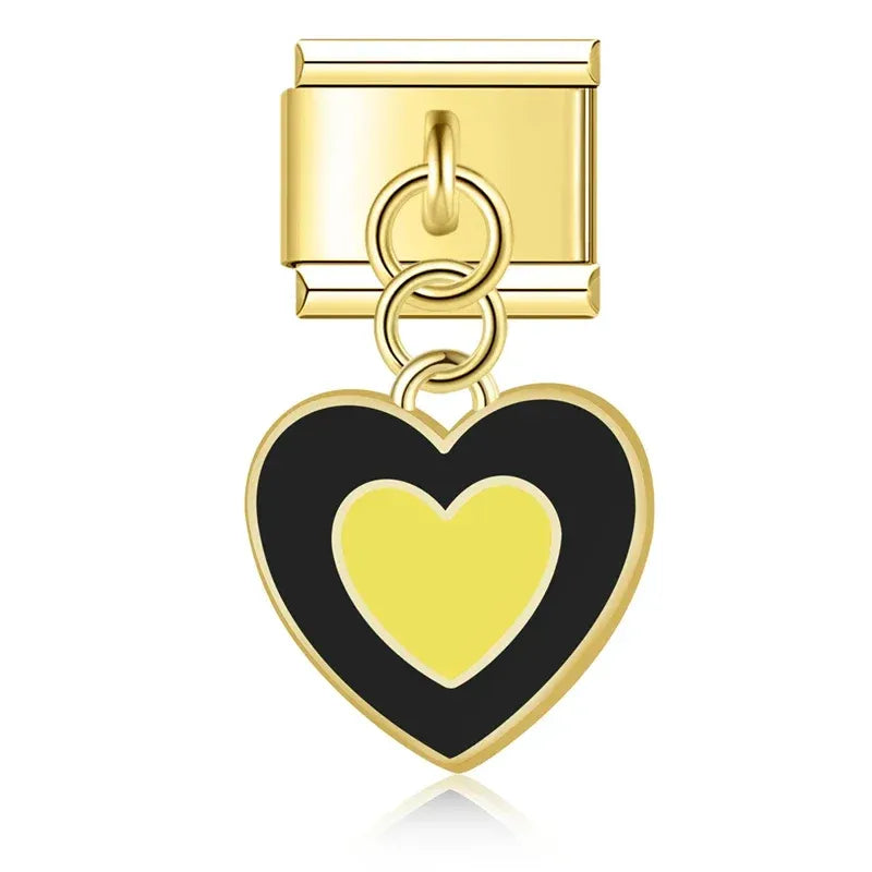 Charm colgante doble corazon negro y amarillo